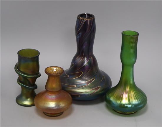 A Loetz style vase and three other glass items tallest 24cm